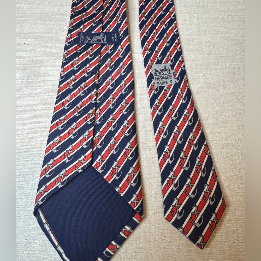 Hermes Necktie Silk 100% Anchor Pattern Red Blue And White 7027 TA